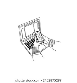 People typing on Smartphone Working table with laptop computer Online business Hand drawn line art illustration