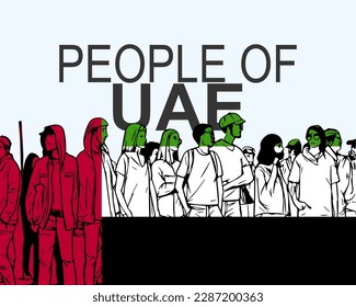 People of UAE with flag, silhouette of many people, banner of diversity or protest in UAE, group of person, society and audience concept, gathering idea