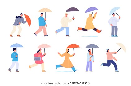 People with umbrella. Autumn rain umbrellas, woman walking rainy day. Person in yellow raincoat, isolated cartoon adults on street utter vector set