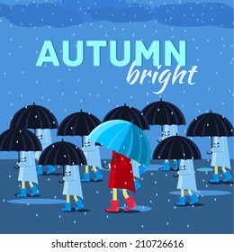 People with umbrella in a autumn raining day background concept. Vector illustration design