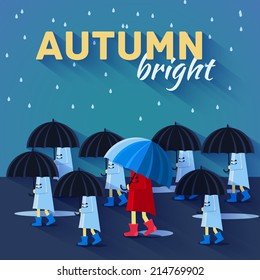 People with umbrella in a autumn raining day background concept. Vector illustration design