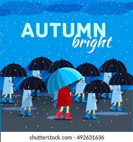 People with umbrella in a autumn raining day background concept. Vector illustration design