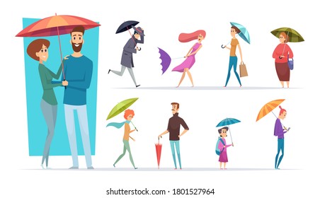 People with umbrella. Raining day walking adults male and female holding umbrella in hands vector characters