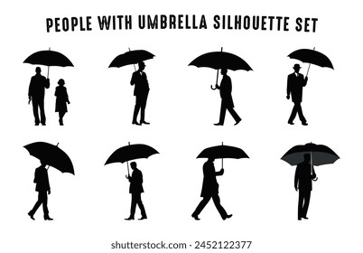 People with Umbrella Silhouettes vector collection, Walking People Under Umbrella Silhouette black Clipart Set