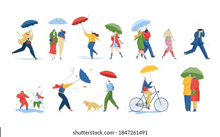 People with umbrella under rain storm wind vector illustration set. Cartoon flat man woman characters in raincoats holding umbrellas, standing or walking in rainy spring or fall day isolated on white