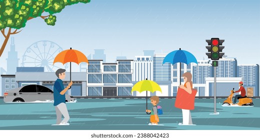 People with umbrella walking on city street in rainy day.Heavy rain drops and city flood on city view,vector illustration.