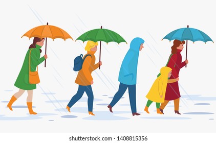 People with umbrella, walking under the rain. Autumn flat cartoon illustration