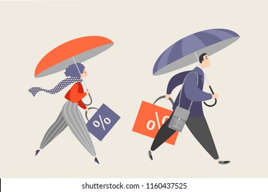 People with umbrellas and big shopping bags. Autumn Sale