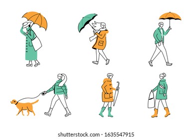 People with umbrellas flat contour vector illustrations set. Walking humans isolated cartoon outline character on white background. Rainy day. Men and women in raincoats simple drawings