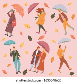 People with umbrellas flat vector seamless pattern. Pink background. Seasonal wear. Autumn leaves texture with cartoon color icons. Rainy and windy weather wrapping paper, wallpaper design