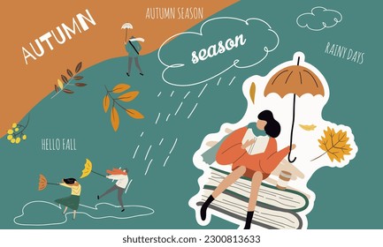 People with umbrellas in the rain. Autumn collection. Flat vector illustration. Horizontal banner, collage.