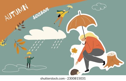 People with umbrellas in the rain. Autumn collection. Flat vector illustration. Horizontal banner, collage.