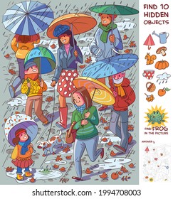 People with umbrellas in the rain. Find 10 hidden objects in the picture. Puzzle Hidden Items. Funny cartoon character. Vector illustration