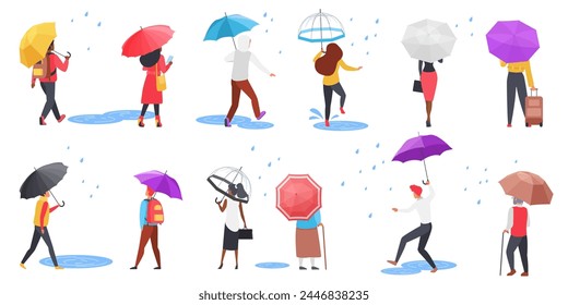 People with umbrellas set, back view. Male and female pedestrians holding parasol, young and elderly characters walking in rain through puddles, carrying bag and suitcase cartoon vector illustration