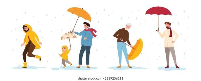 People with umbrellas set. Collection of characters in rain. Grandfather, young guy and father with child in wet weather, autumn season. Cartoon flat vector illustrations isolated on white background