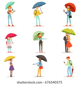 People with umbrellas. Smiling man and woman walking under umbrella colorful characters vector Illustrations isolated on white background