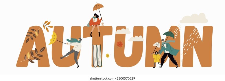 People with umbrellas under the rain. Autumn collection. Flat vector illustration. Horizontal banner, text composition.