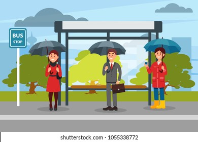 People with umbrellas waiting for bus at the bus stop vector ilustration