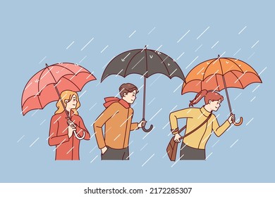 People with umbrellas walking on rainy day. Men and women outside under rain. Weather changes, autumn season concept. Vector illustration. 