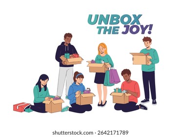 People unboxing joy gifts friends celebration