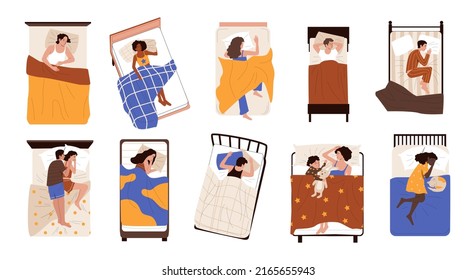 Gente bajo manta. Personajes de caricatura durmiendo en su cama en diferentes poses, adultos jóvenes y ancianos tendidos soñando y descansando. Conjunto aislado de vectores. Pareja, padre e hijo se relajan por la noche