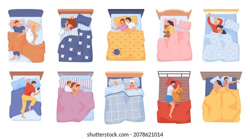 People under blankets. Family sleep lying in bed blanket, couple resting bedroom different position, man woman asleep side pose top view, baby dream cat flat swanky vector illustration