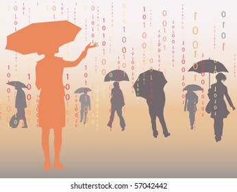 People under digital rain, vector illustration.