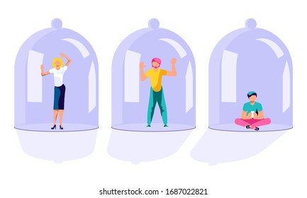 People Under Glass Cover. Loneliness, loner closed from the world with a transparent glass semi-sphere. Quarantine and self-isolation metaphor. Flat Art Vector Illustration 