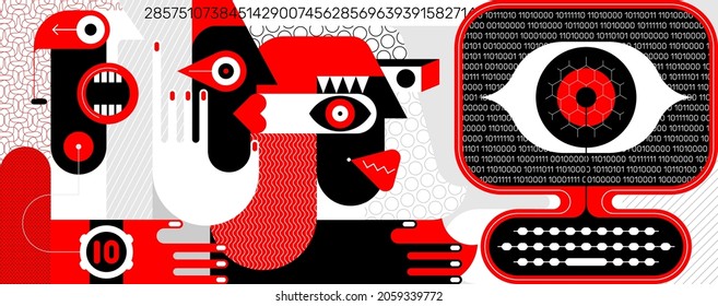 People Under Influence Of Global Social Media. Three People Are Looking At A Computer Screen, A Large Digital Eye Is Watching Them From The Screen. Red, Black, Grey And White Vector Illustration.