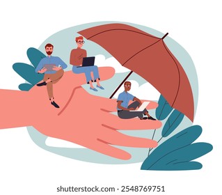 People under protection. Men with laptops sit on big hand under umbrella. Financial and health insurance for workers. Organizing efficient work process. Flat vector illustration