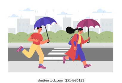 People under rain. Man and woman with umbrellas run in rain on street. Autumn and fall season. Wet and rainy weather outdoors. Downpour and raindrop. Flat vector illustration