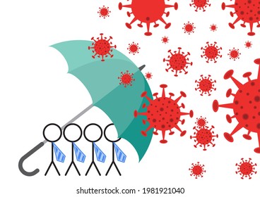People under red umbrella to prevent COVID-19 Medical concept Protect people from getting infected with the corona virus.