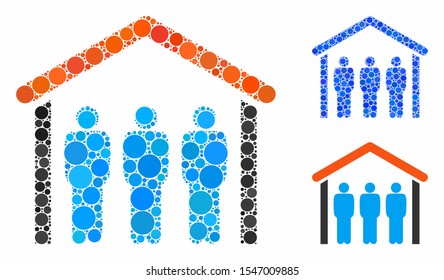 People under roof mosaic of filled circles in different sizes and color tints, based on people under roof icon. Vector filled circles are grouped into blue mosaic.
