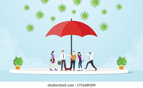 People under the umbrella avoid corona virus attack modern flat cartoon style vector illustration