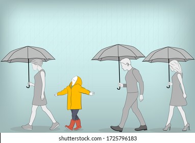 people under an umbrella. bright man without an umbrella. mood concept. vector illustration.