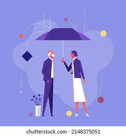 People under umbrella. Concept of life insurance, protection of health and life for travel or vacation, healthcare and medical servic