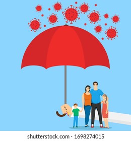 People under the umbrella are protected from the coronavirus COVID-19. A hand with an umbrella protects the family from the coronavirus. Vector illustration. Vector.