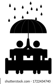 People Under An Umbrella In The Rain On A Bench. Nameplate Pointer. Template For Text. Poster. Weather. Place For Text. Background Vector Image.