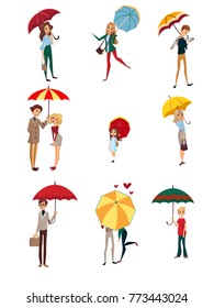 People under umbrella set, kids, men and women walking with colorful umbrellas, rainy weather concept cartoon vector Illustration