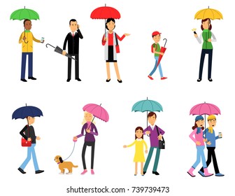 People under umbrella set, men and women walking with umbrella cartoon vector illustrations