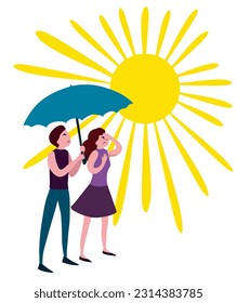 People under umbrella in summer heat. Overheated hot sun. High temperature, global warming design. Vector flat cartoon illustration