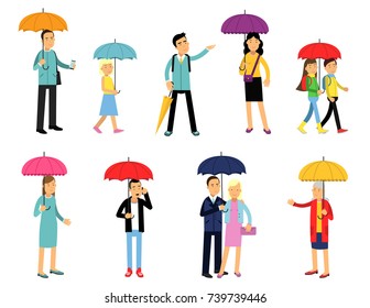 People under umbrella of various colors set, men and women walking with umbrella cartoon vector illustrations