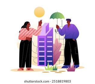 People under umbrella. Woman and man with umbrella hiding from rain. Autumn and fall season. People with rainy and wet weather. Flat vector illustration isolated on white background