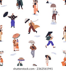 People under umbrellas, seamless pattern. Rainy weather, day with puddles, happy running, walking characters, endless background design, repeating print. Flat vector illustration for fabric, wrapping