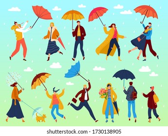 People under umbrellas in spring, walking outdoor in rainy spring day, man, woman in raincoat under rain clouds vector illustration flat characters isolated set. Weather in spring season.