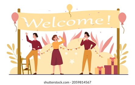 People under welcome banner. Friendly employees, new person in team, party. Man and girls decorate territory of park, outdoor, evening. Cartoon flat vector illustration isolated on white background