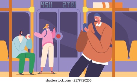 People in Underground Train. City Dwellers in Metro, Subway Tube. Men and Women Passengers in Public Transport. Male and Female Characters Using Rapid Transit. Cartoon Vector Illustration