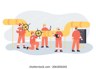 People In Uniform Carrying Out Control And Checking Leaks And Pressure. Oil Or Gas Pipeline Service Flat Vector Illustration. Sources Of Energy, Oil Or Gas Industry Concept