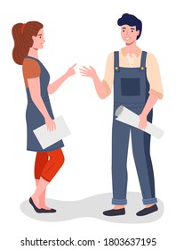People in uniform colleagues man and woman are communicating, standing sheets of paper. People are discussing working questions. Print house workers talk about work isolated on white background