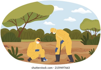 People in uniform explore nature, ground. Researchers take samples of biomaterial. Environmental and ecology research. Scientists in protective clothes conduct ecological experiment in forest or park